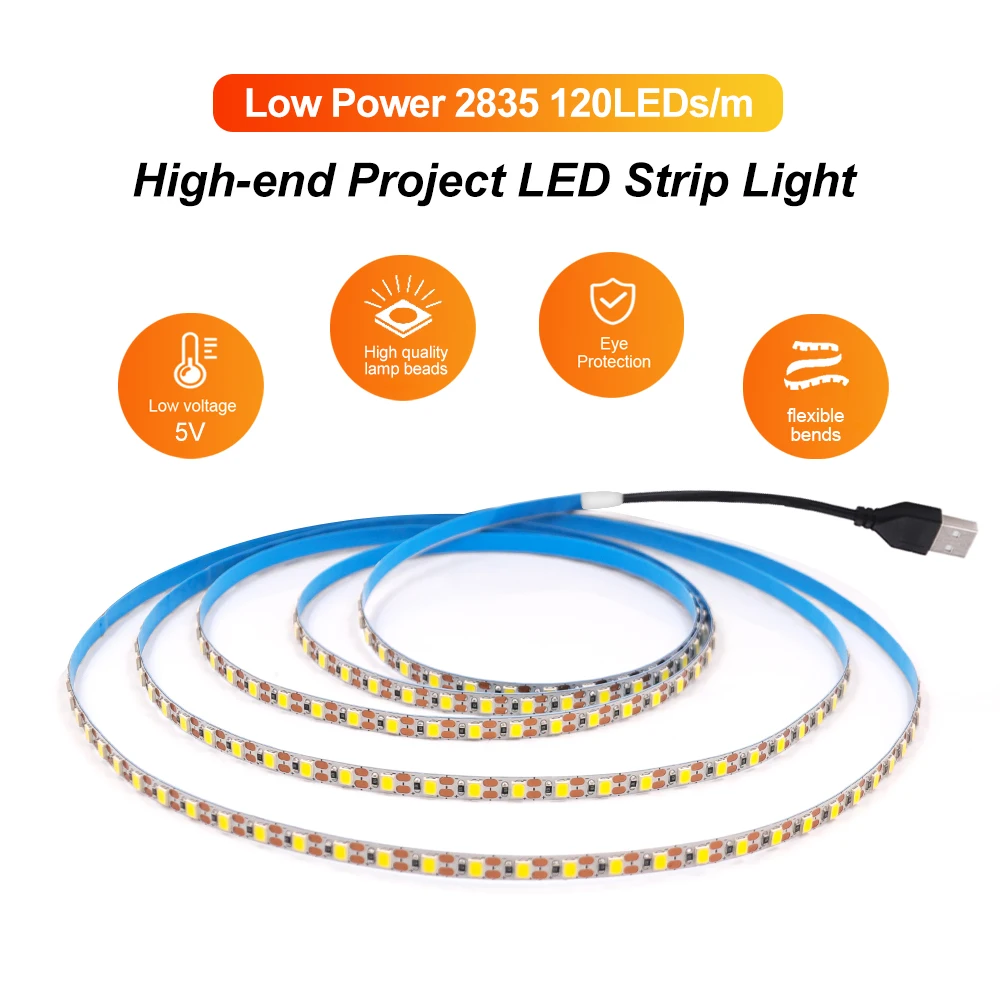 5V 2835 LED Strip Light 3mm 5mm 8mm PCB Width 120Leds/m Flexible LED Tape Ribbon Diode USB/2PIN Wire Led Lights for Room Decor