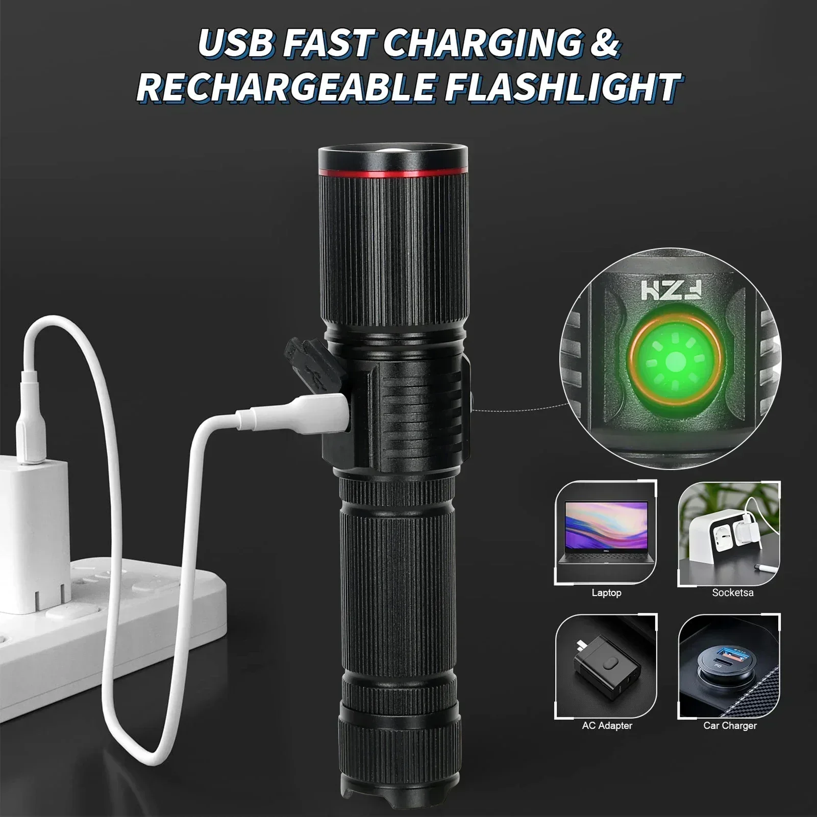30W High Bright LED Flashlight High Power Type C Rechargeable Zoom Torch Camping Outdoor Hunting Fishing Walking Lighting Lamp