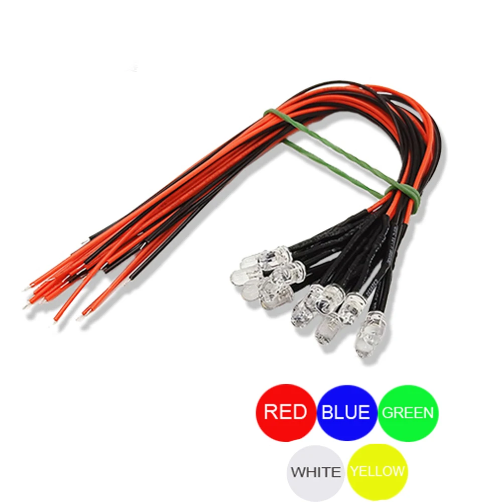 10PCS 5mm LED 5-12V 20cm Pre-wired White Red Green Blue Yellow UV RGB Diode Lamp Decoration Light Emitting Diodes Pre-soldered
