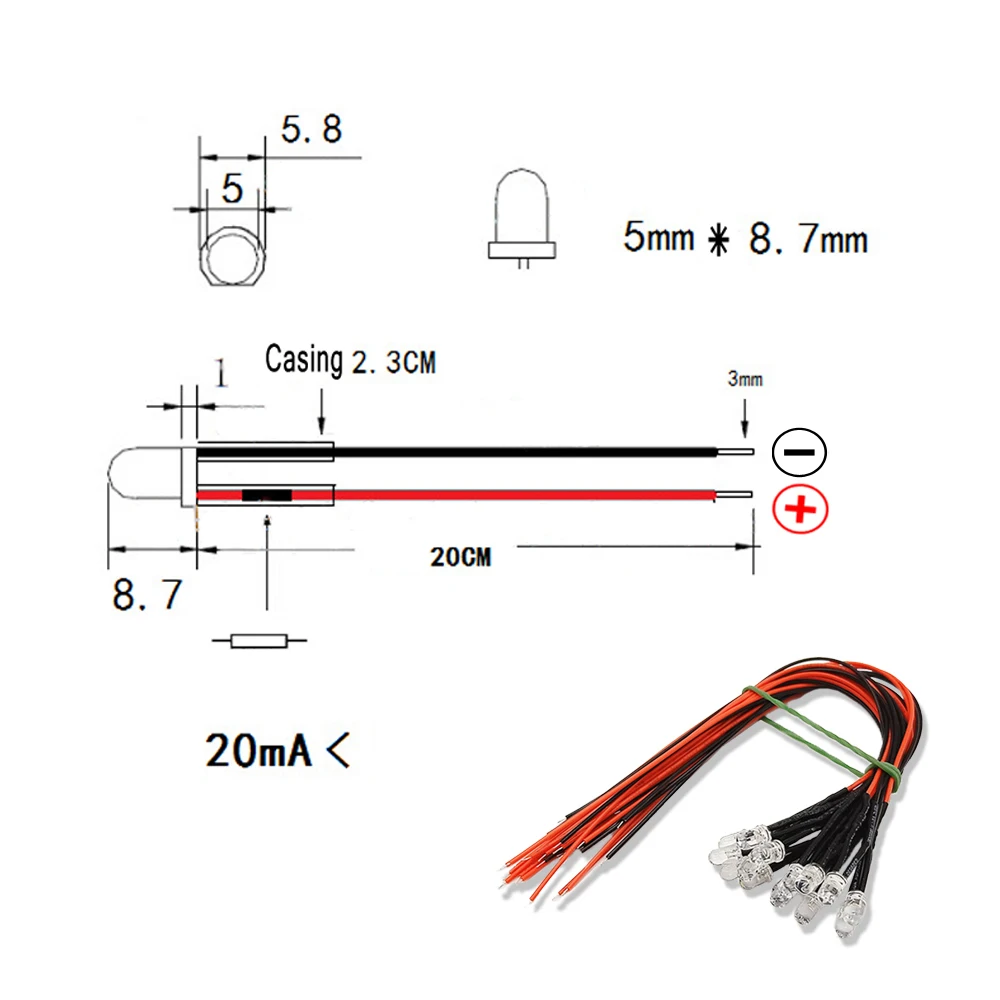 10PCS 5mm LED 5-12V 20cm Pre-wired White Red Green Blue Yellow UV RGB Diode Lamp Decoration Light Emitting Diodes Pre-soldered