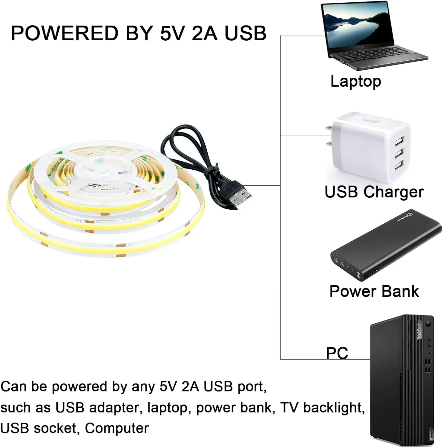 DC 5V USB LED COB Strip White Warm White LED Strip Light TV Background Lighting Tape Home Decor Lamp 1- 5m LED String Light