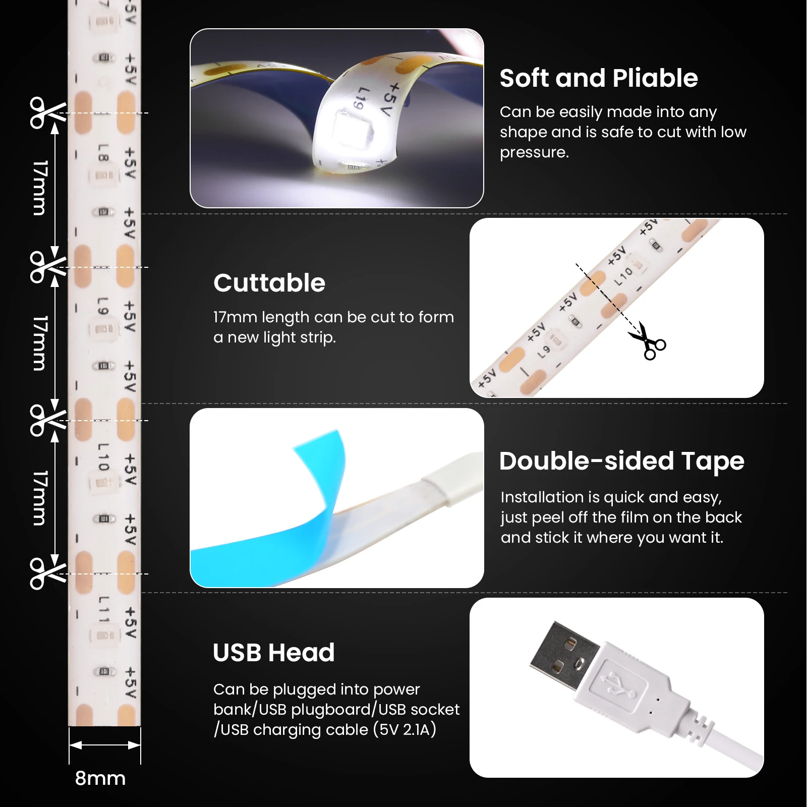 5V 2835 LED Strip Light USB 60Leds/m Flexible Fita Led Tape With Switch White Warm White Waterproof LED Lights for Room Decor