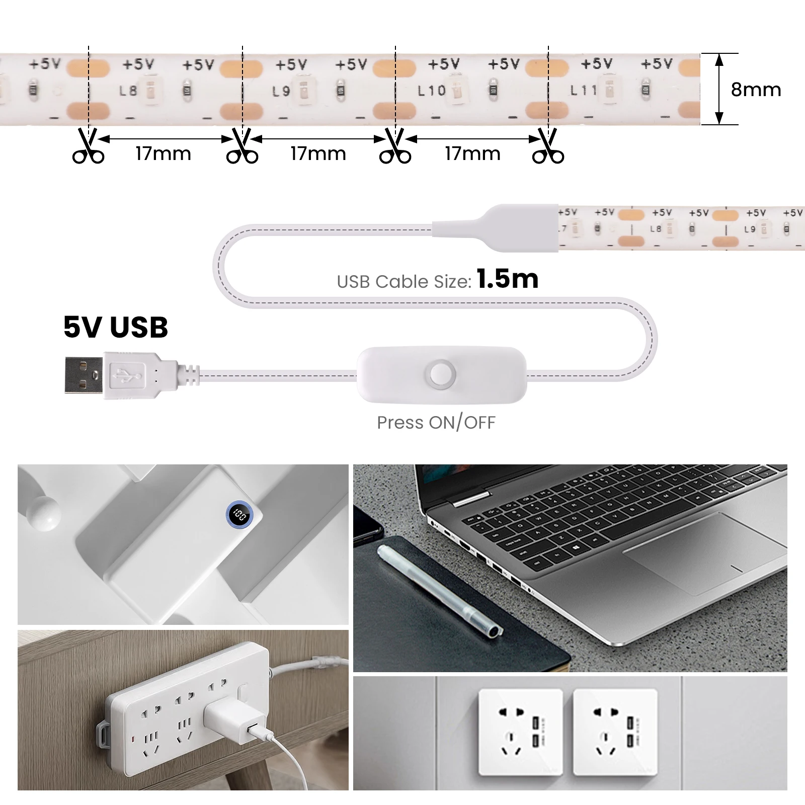 5V 2835 LED Strip Light USB 60Leds/m Flexible Fita Led Tape With Switch White Warm White Waterproof LED Lights for Room Decor