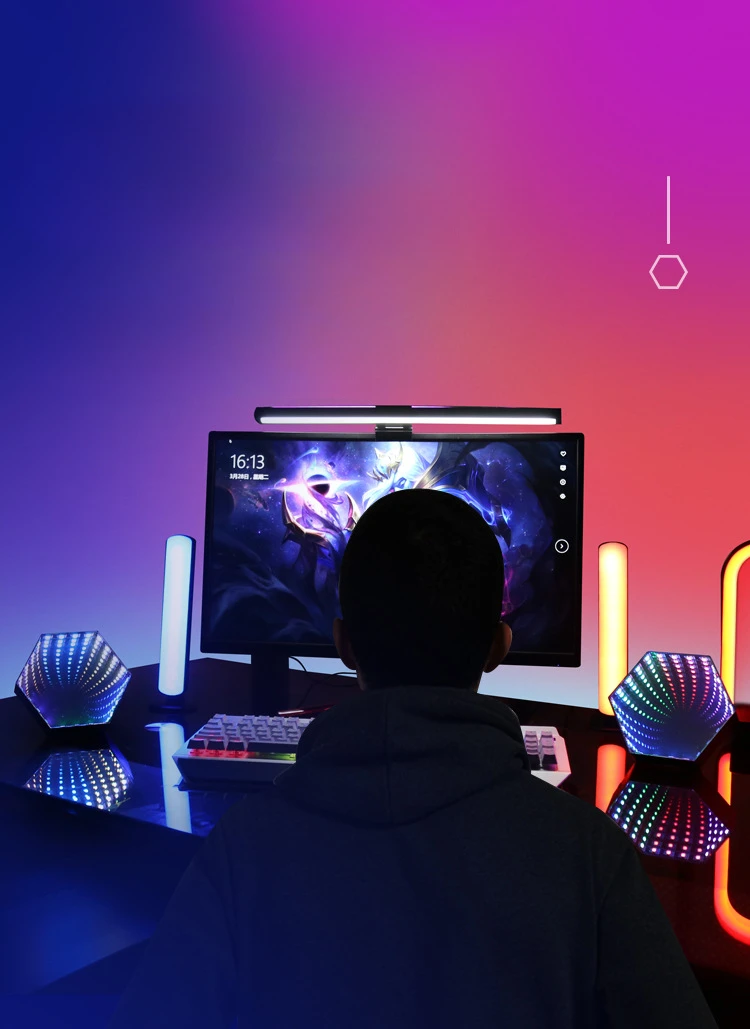 RGB 3D Hexagonal Mirror Tunnel Light LED Desktop Ambient Lamp Compute Game Music Rhythm Sync Pickup Lights Room Decoration