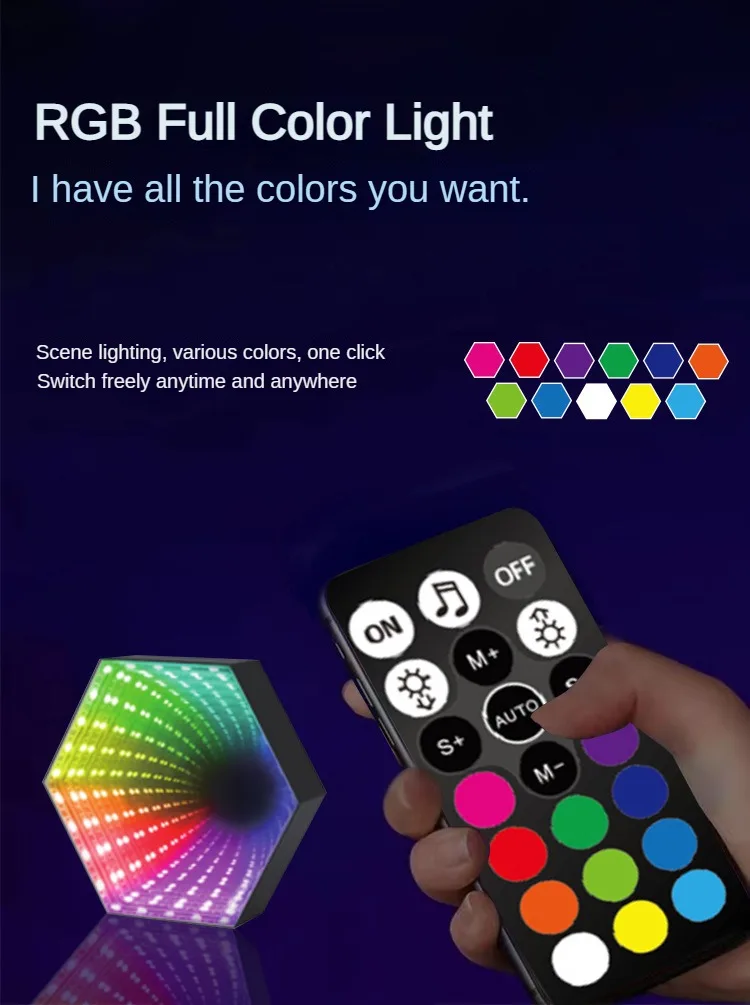 RGB 3D Hexagonal Mirror Tunnel Light LED Desktop Ambient Lamp Compute Game Music Rhythm Sync Pickup Lights Room Decoration