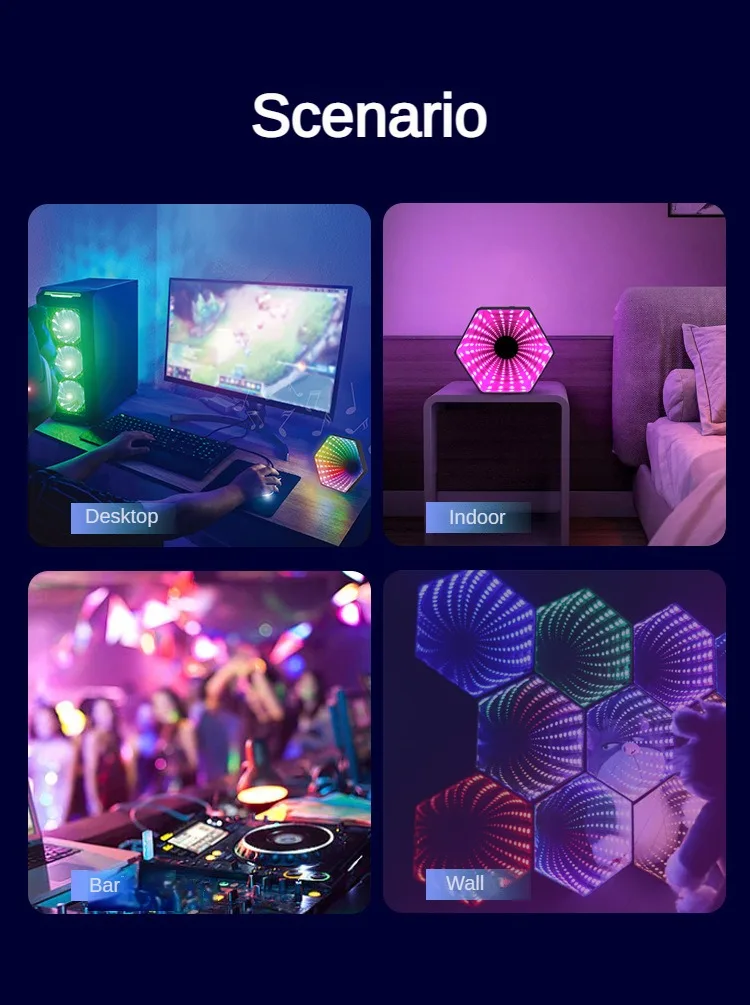 RGB 3D Hexagonal Mirror Tunnel Light LED Desktop Ambient Lamp Compute Game Music Rhythm Sync Pickup Lights Room Decoration