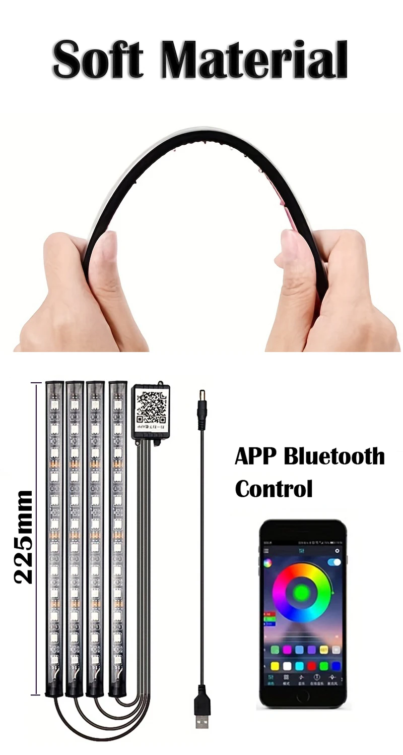 LED Car Music Light Strip 48LEDs USB Smart Bluetooth APP Control Waterproof Multi-color RGB Car Interior Atmosphere Light Strip