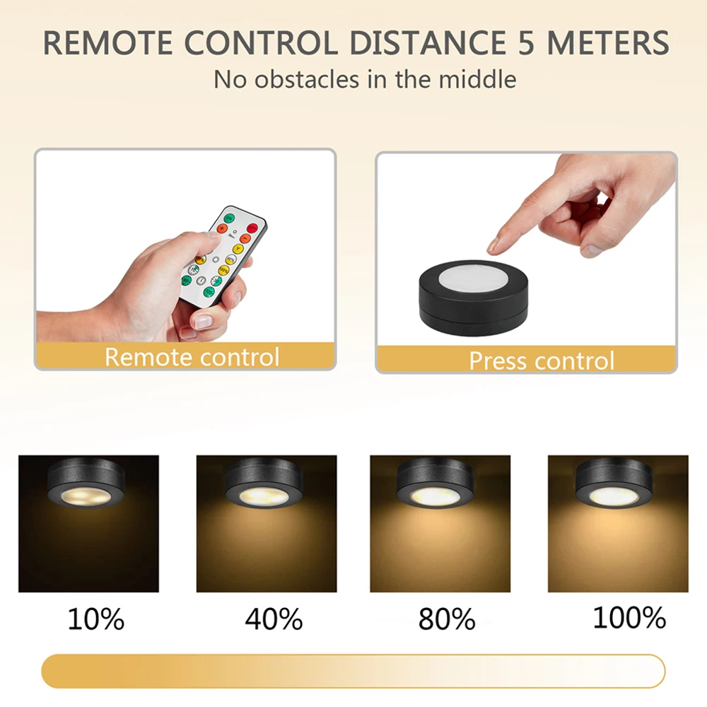 Round LED Cabinet Closet Light CCT Under Furniture Dimmable Lamps Battery Powered Night Bedroom Wardrobe Lighting Remote Control