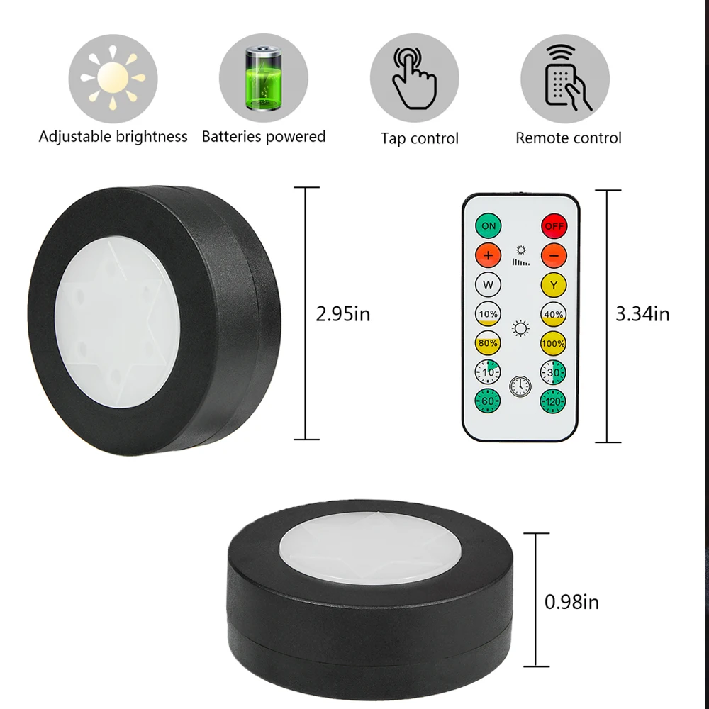 Round LED Cabinet Closet Light CCT Under Furniture Dimmable Lamps Battery Powered Night Bedroom Wardrobe Lighting Remote Control