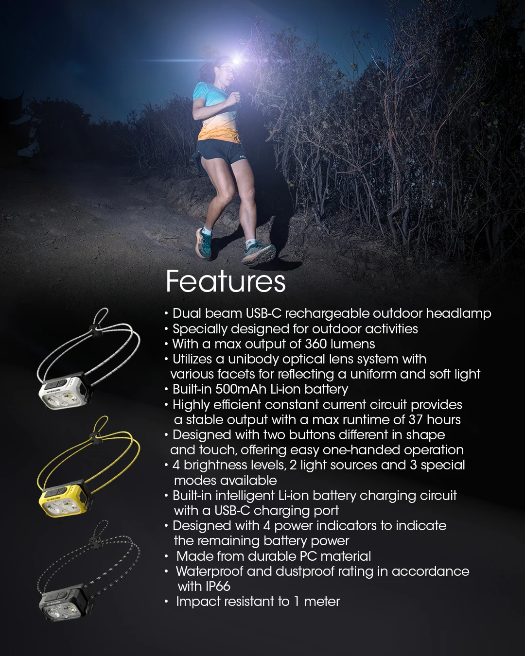 NITECORE NU21 Dual Beam Headlamp USB-C Rechargeable 360 Lumen Running Fishing Lightwieght Outdoor Headlight, Built in Battery