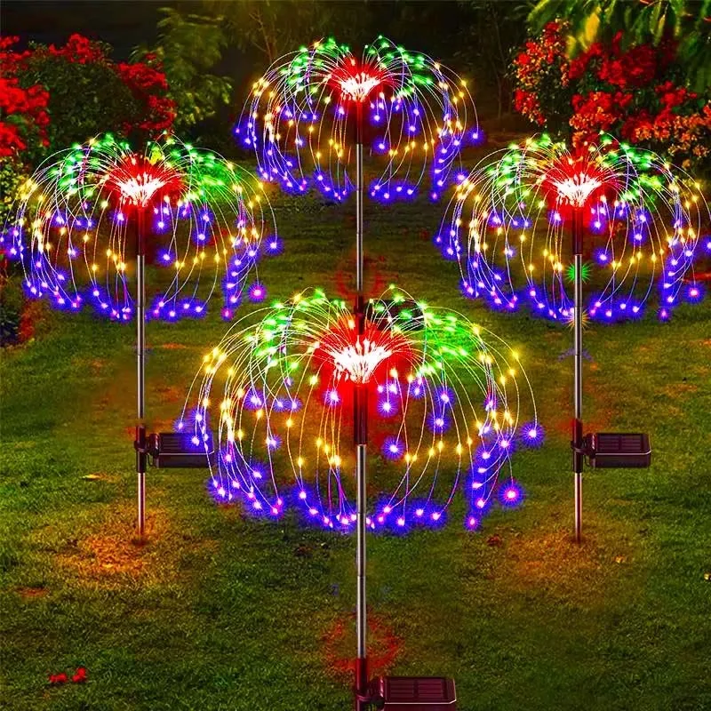 4Pcs Solar Firework Lights 8 Lighting Modes DIY Shape Outdoor Waterproof Garden Lights for Patio Pathway Wedding Copper Wire