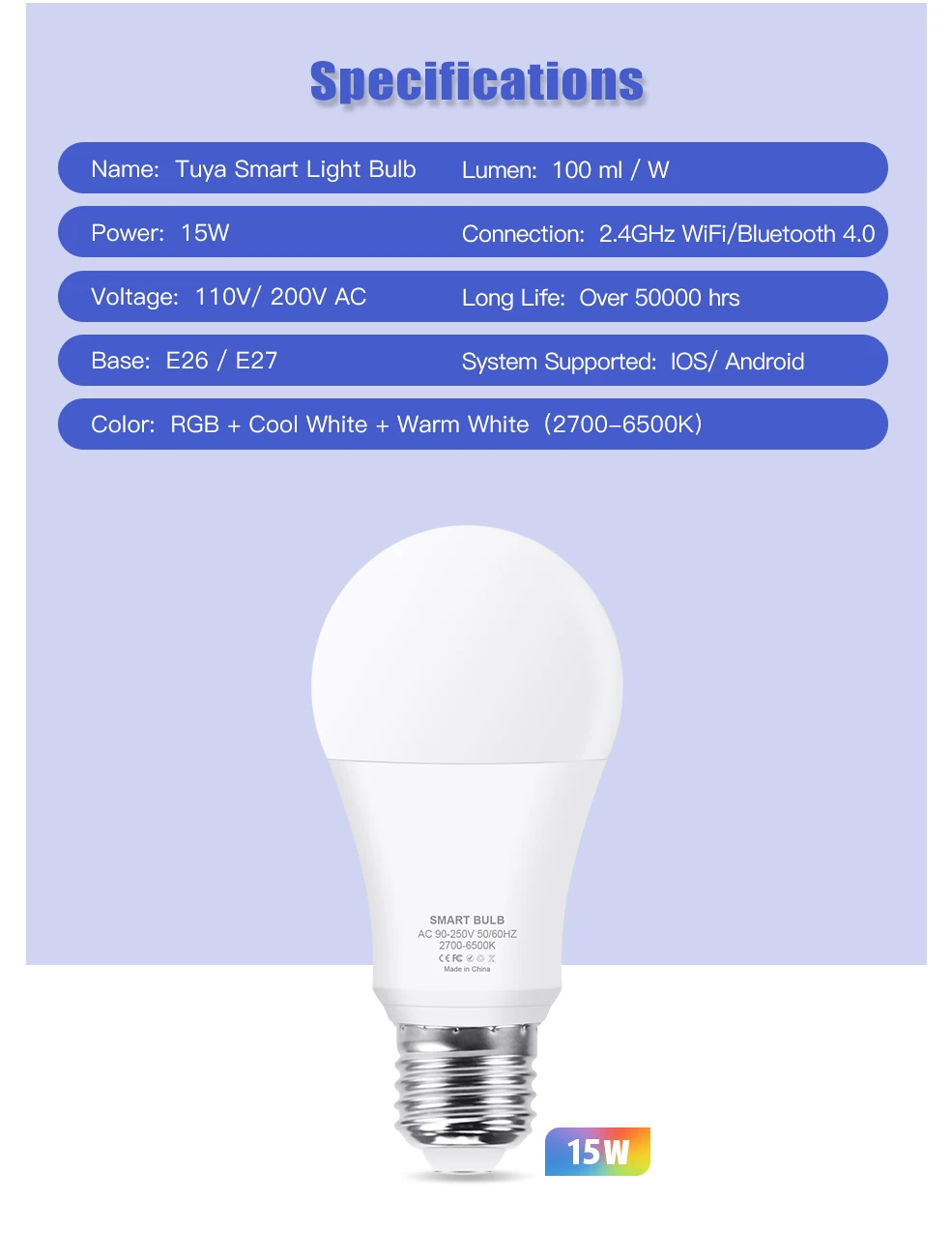 E27 LED Smart Bulb Bluetooth 4.0 WiFi Tuya APP Control Dimmable 15W RGB+CW+WW Light Bulb for Home Bedroom Hotel Bar Party Decor