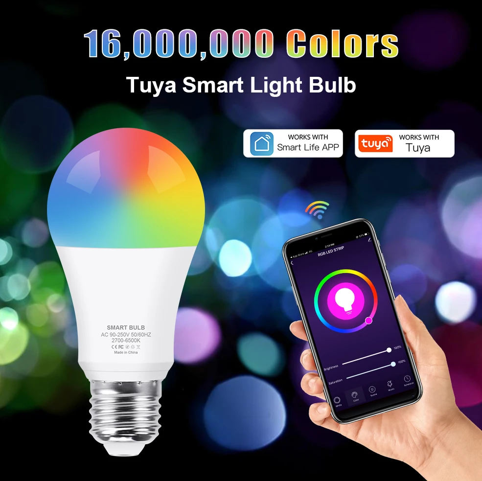 E27 LED Smart Bulb Bluetooth 4.0 WiFi Tuya APP Control Dimmable 15W RGB+CW+WW Light Bulb for Home Bedroom Hotel Bar Party Decor