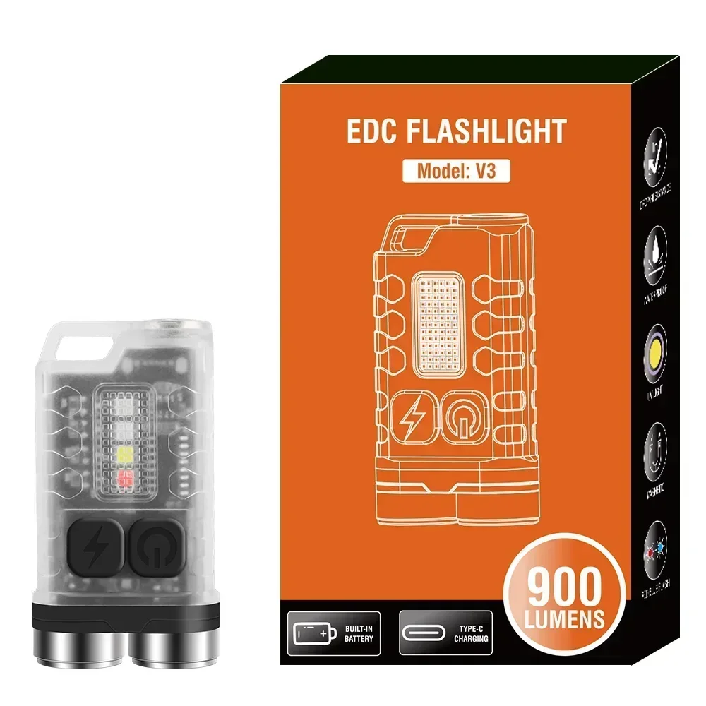 V3 EDC Flashlight Keychain Light 900 Lumens Handheld Portable Super Bright TYPE-C USB Charging Port Emergency Work Camping Light
