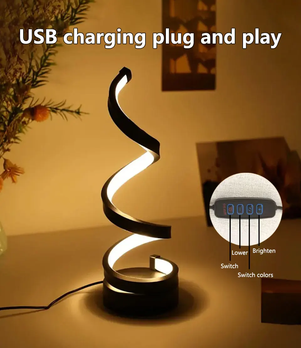 Modern Spiral Table LED Night Light Dimmable Desk Lamp Living Room Nightstand Lamp Bedside Table Study Office Bedroom Decoration