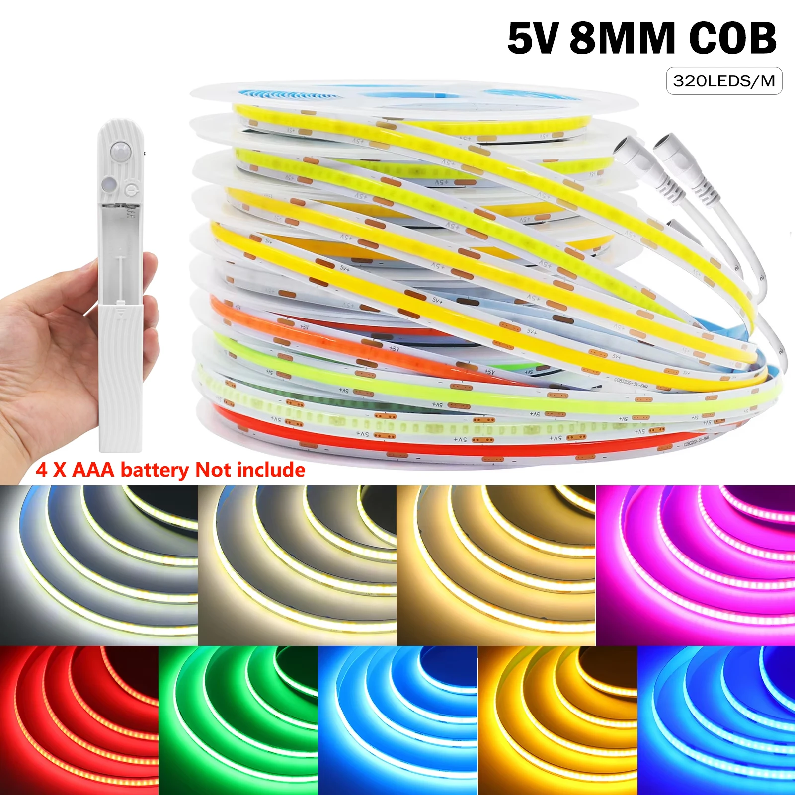 8MM COB Led Strip 5V with Motion Sensor Battery Powered 320LEDs/M Led Induction Night Light Warm White Red Ice Blue Green Yellow