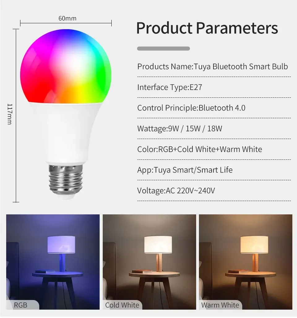 Tuya Smart Bluetooth LED Light Bulbs Smart Life APP E27 220V 9W 15W 18W BT Lamp RF 2.4GHz Remote Group Control for Bedroom Decor