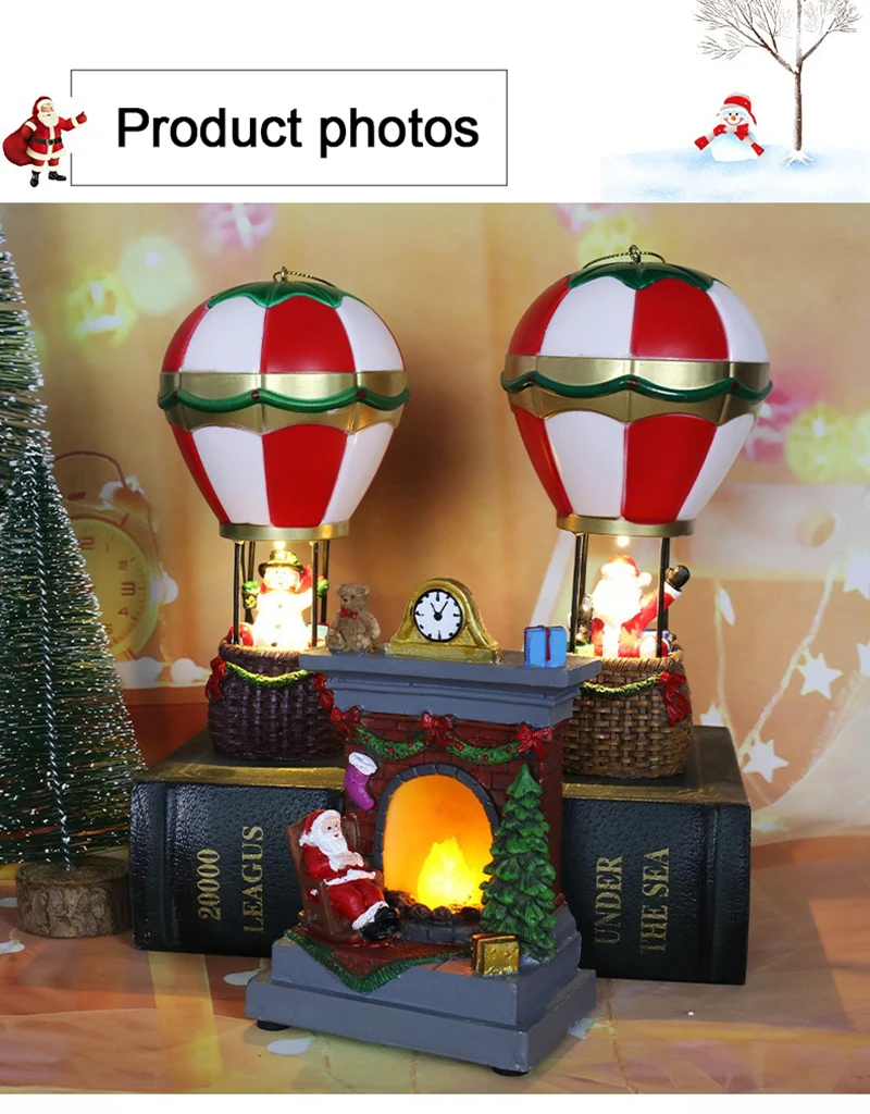 Christmas Glowing Ornaments Santa Claus Snowman Fireplace Resin LED Night Light Christmas Decoration Holiday Kids Toys Gift
