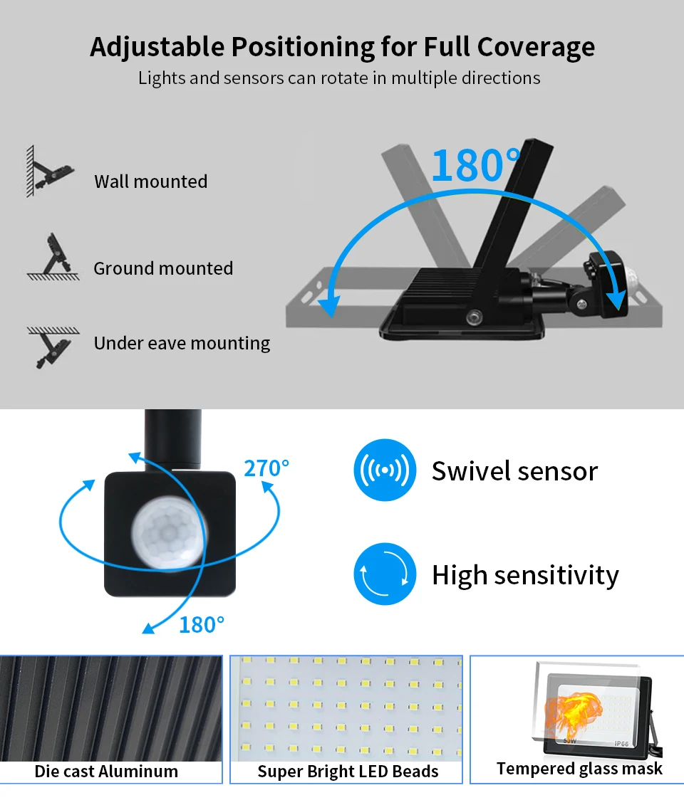 LED Floodlight Motion Sensor AC220V AC110V 10W-300W Waterproof Outdoor Projector Exterior Spotlight Outdoor lamp Wall Reflector