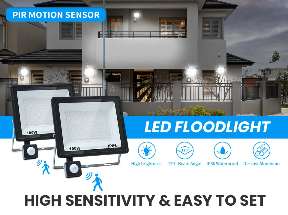 LED Floodlight Motion Sensor AC220V AC110V 10W-300W Waterproof Outdoor Projector Exterior Spotlight Outdoor lamp Wall Reflector