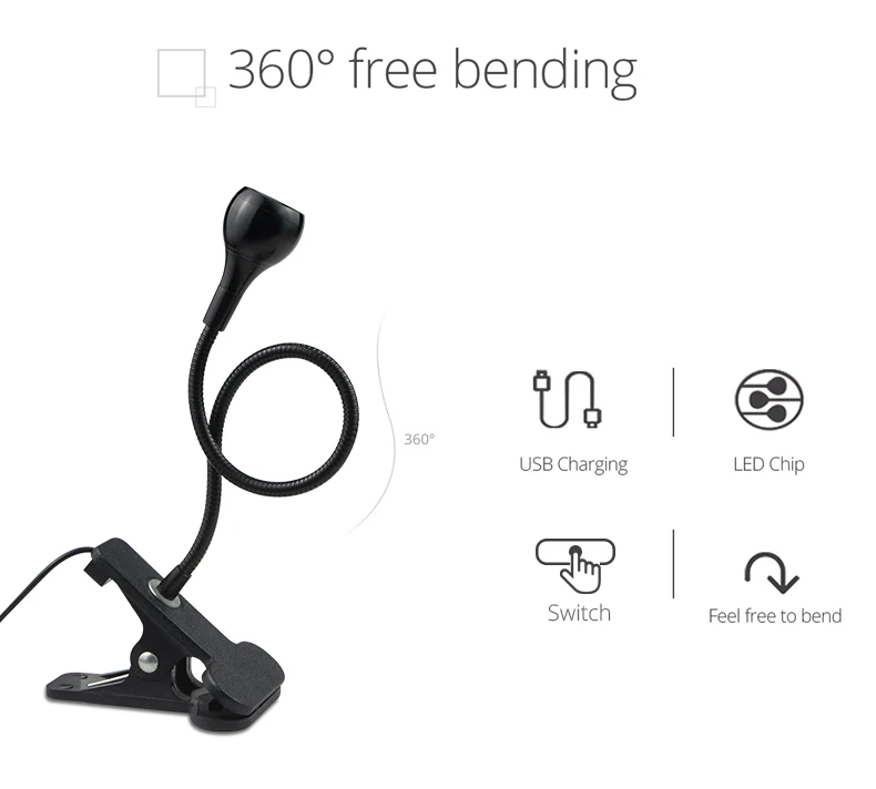 360 Degrees Flexible Desk Lamp with Holder Clip USB Power Lamp Reading Book Light Clip-On Cable With On Off Switch Night Light