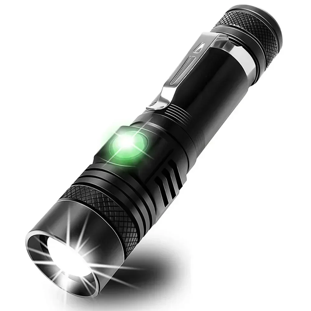 Super Bright T6 LED Lamp Beads Flashlight External 18650 Battery Flash Light Waterproof Torch Zoom 3 Lighting Modes USB Charger