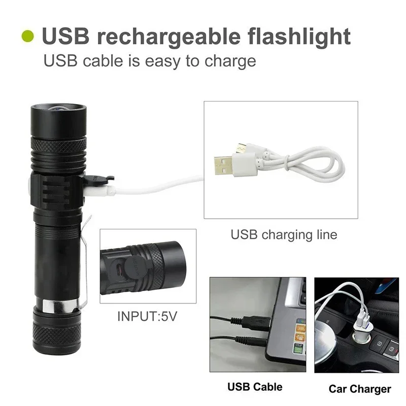 Super Bright T6 LED Lamp Beads Flashlight External 18650 Battery Flash Light Waterproof Torch Zoom 3 Lighting Modes USB Charger