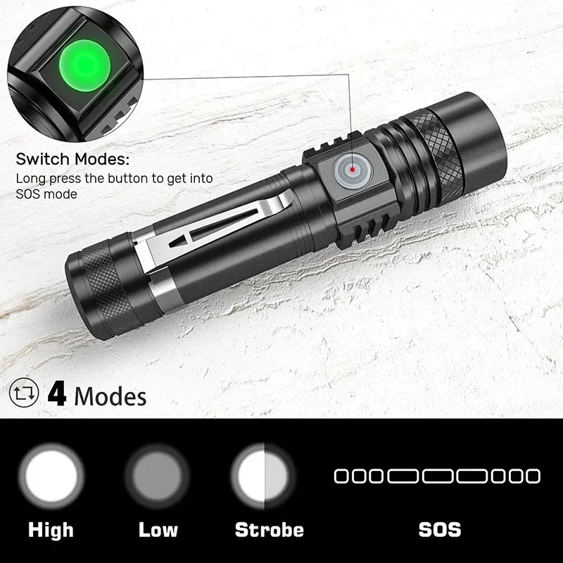 Super Bright T6 LED Lamp Beads Flashlight External 18650 Battery Flash Light Waterproof Torch Zoom 3 Lighting Modes USB Charger