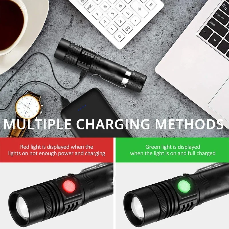 Super Bright T6 LED Lamp Beads Flashlight External 18650 Battery Flash Light Waterproof Torch Zoom 3 Lighting Modes USB Charger