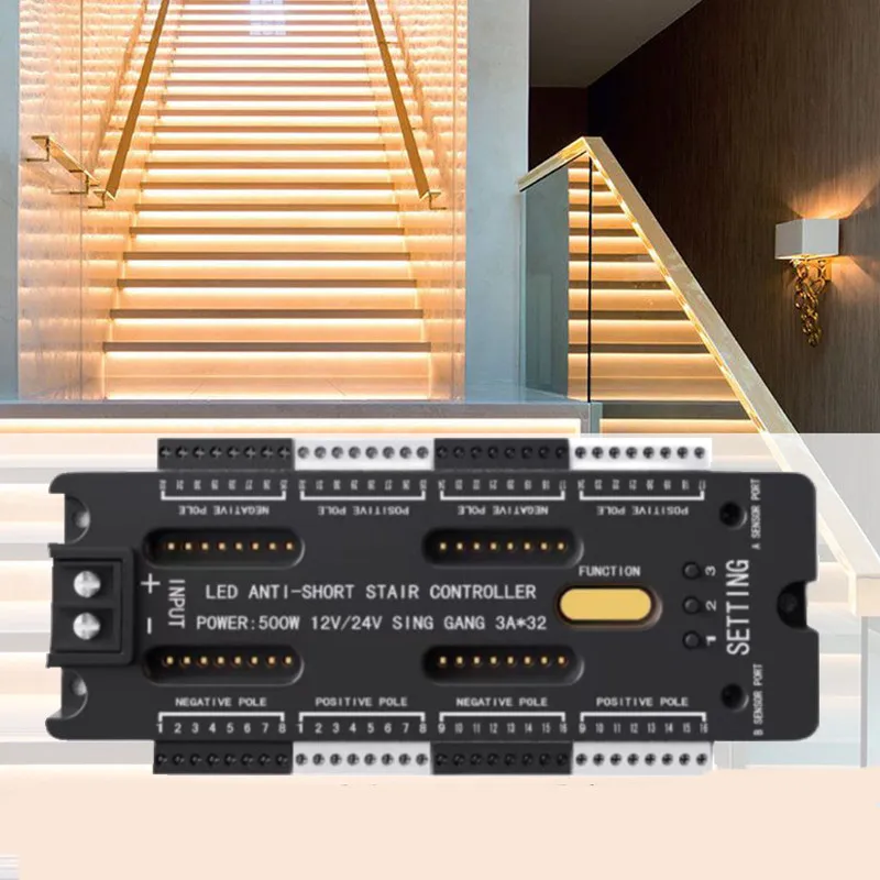 Stair LED Motion Sensor Light Strip 32 Channel Dimming Indoor Night Lighting 12V/24V Flexible LED Tape Step Staircase Controller