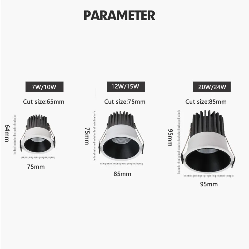 Recessed Dimmable Led COB Downlight Ceiling Lamp Spotlight Aluminum Light 7W10W12W15W 20W24W AC110V 220V For Home Office Store