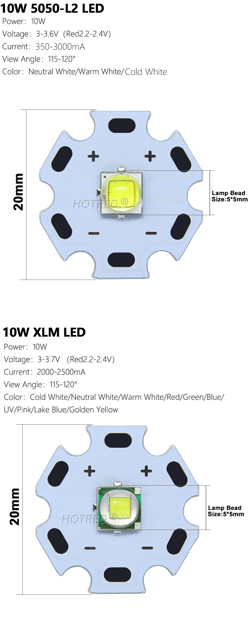 High Power LED 5W-10W 5050 XLM T6 5050-L2 3-3.7V Warm Neutral Cold White Red Green Blue UV Purple Chip Diodes Flashlights Part