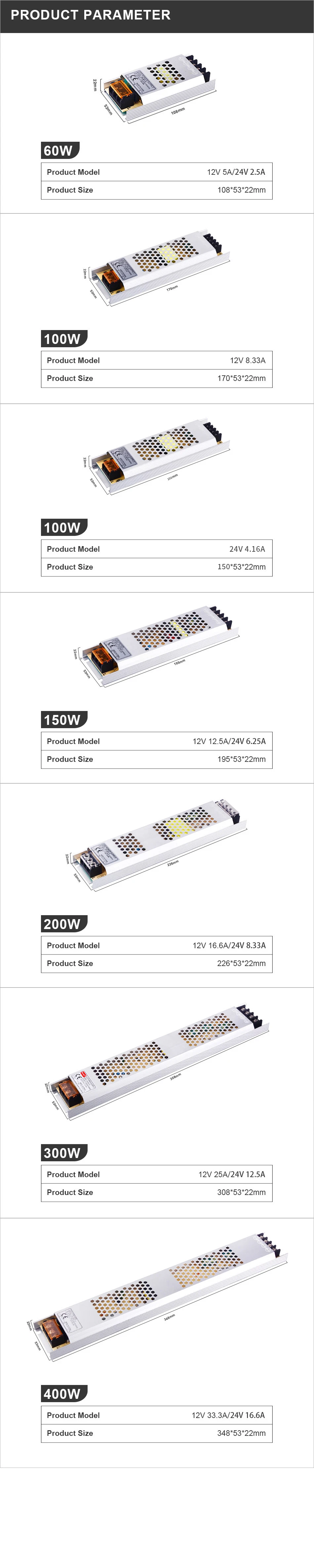 Ultra Thin LED Power Supply DC 12V 24V Lighting Transformers 60W 100W 150W 200W 300W 400W AC180-260V Driver For LED Strip Lights