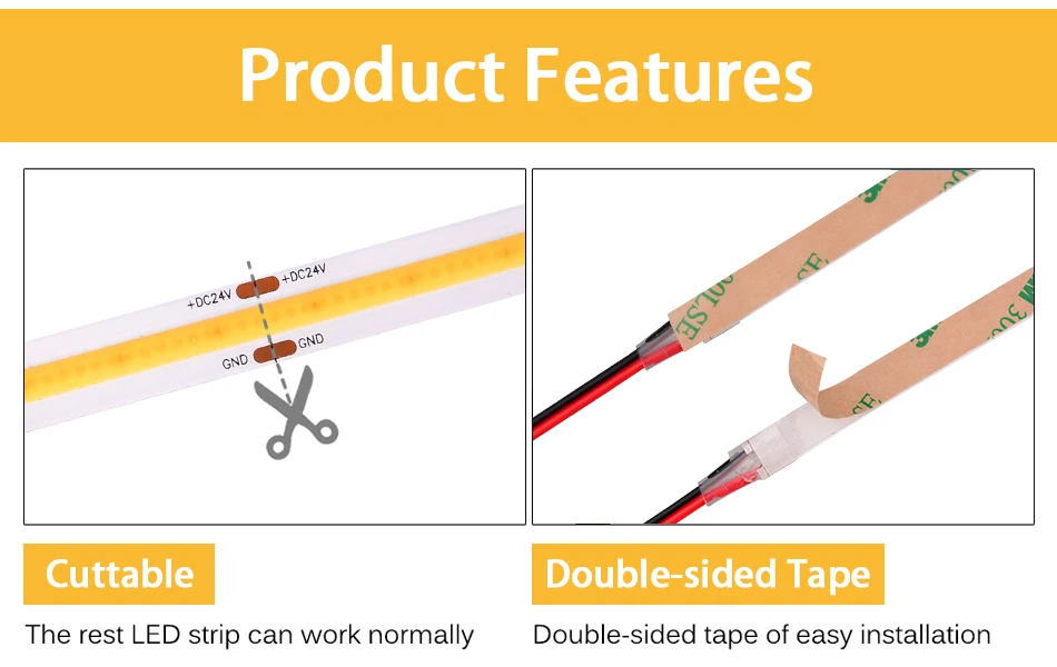 FCOB COB LED Strip Light 320 480 LEDs/m 16.4ft UL Listed High Density Flexible Tape Ribbon 3000 4000K RA90 Led Lights DC12V 24V