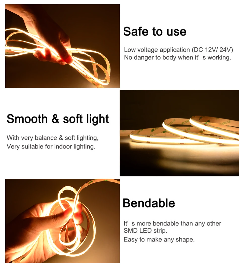 FCOB COB LED Strip Light 320 480 LEDs/m 16.4ft UL Listed High Density Flexible Tape Ribbon 3000 4000K RA90 Led Lights DC12V 24V