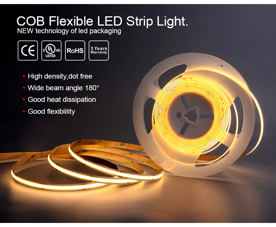 FCOB COB LED Strip Light 320 480 LEDs/m 16.4ft UL Listed High Density Flexible Tape Ribbon 3000 4000K RA90 Led Lights DC12V 24V