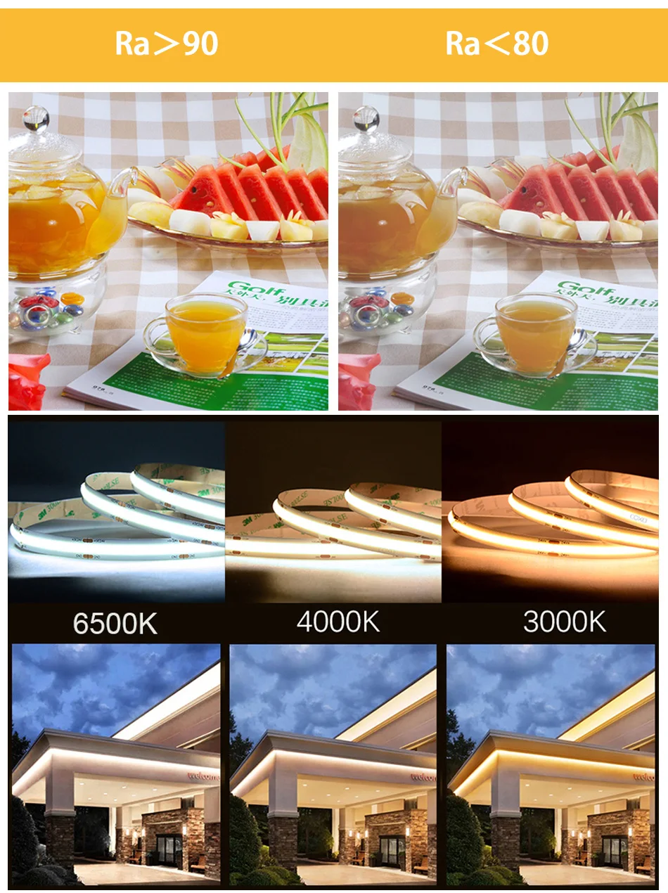 FCOB COB LED Strip Light 320 480 LEDs/m 16.4ft UL Listed High Density Flexible Tape Ribbon 3000 4000K RA90 Led Lights DC12V 24V