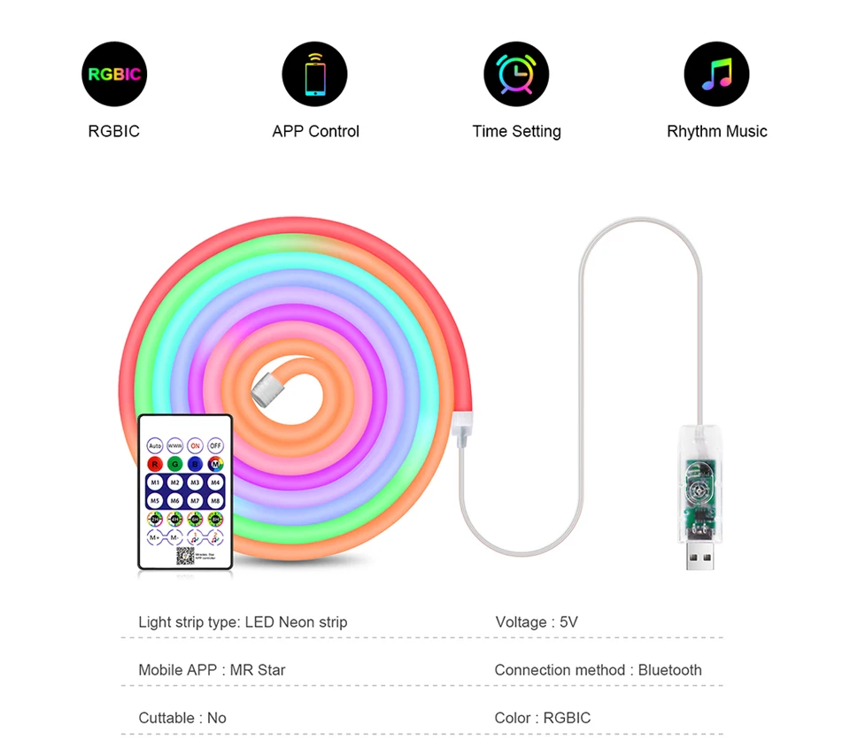 5V USB RGBIC Neon LED Strip WS2812 Fairy Dream Color RGB LED Neon Rope Lights with Bluetooth App and Remote For DIY Home Deocor