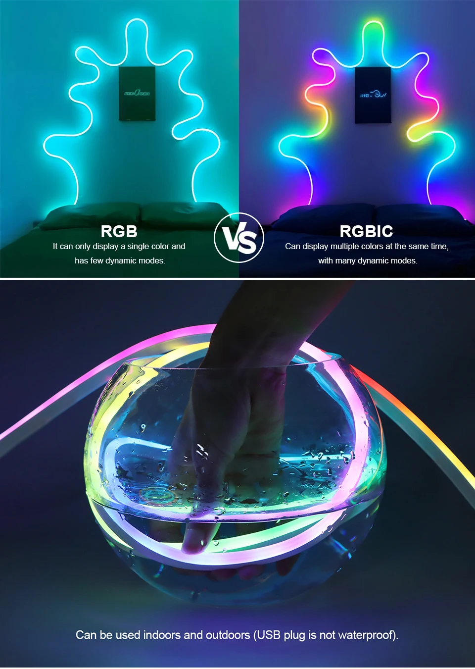 5V USB RGBIC Neon LED Strip WS2812 Fairy Dream Color RGB LED Neon Rope Lights with Bluetooth App and Remote For DIY Home Deocor