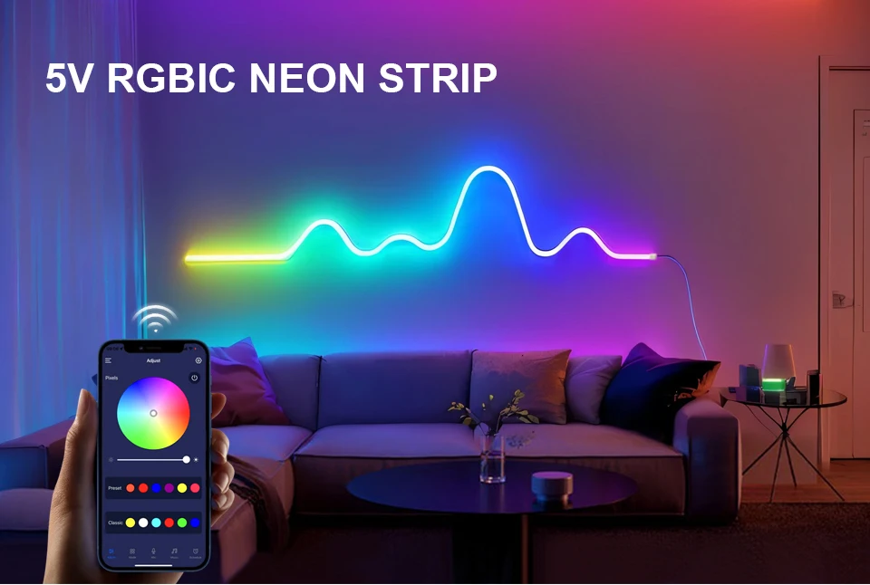 5V USB RGBIC Neon LED Strip WS2812 Fairy Dream Color RGB LED Neon Rope Lights with Bluetooth App and Remote For DIY Home Deocor