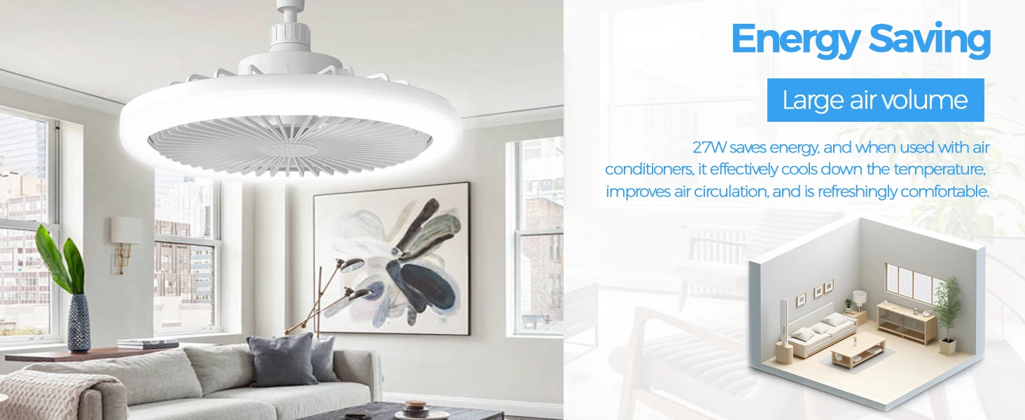 IRALAN Socket Ceiling Fan With Light E27 3 Fan Speeds Dimmable 3 Light Colors Easy To install For Bedroom Kitchen And Balcony