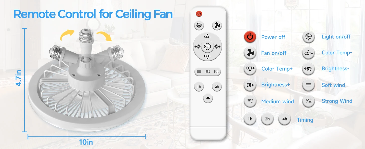 IRALAN Socket Ceiling Fan With Light E27 3 Fan Speeds Dimmable 3 Light Colors Easy To install For Bedroom Kitchen And Balcony