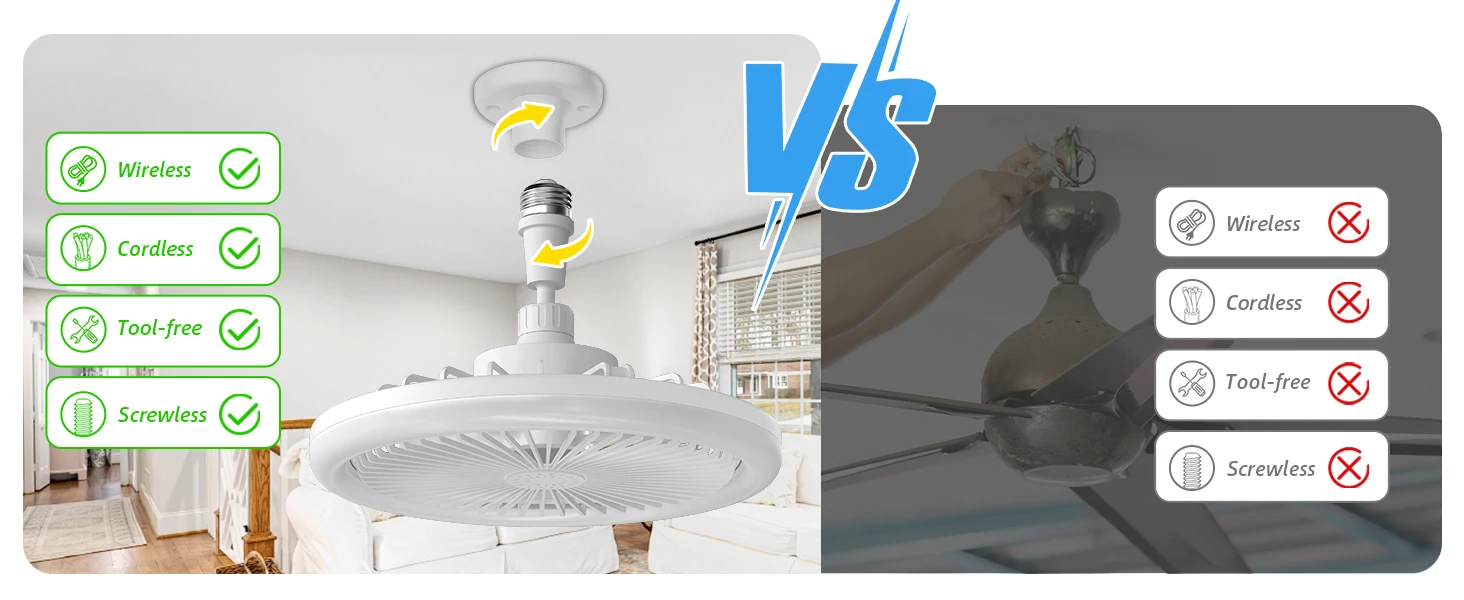 IRALAN Socket Ceiling Fan With Light E27 3 Fan Speeds Dimmable 3 Light Colors Easy To install For Bedroom Kitchen And Balcony