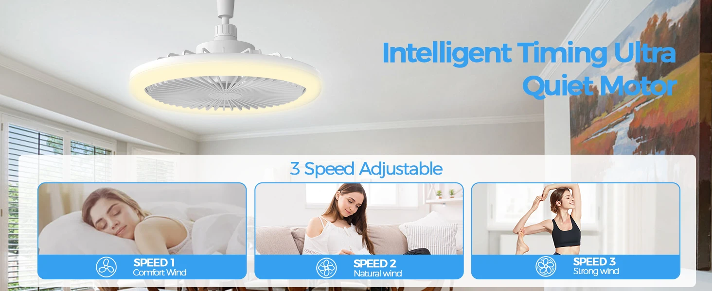 IRALAN Socket Ceiling Fan With Light E27 3 Fan Speeds Dimmable 3 Light Colors Easy To install For Bedroom Kitchen And Balcony