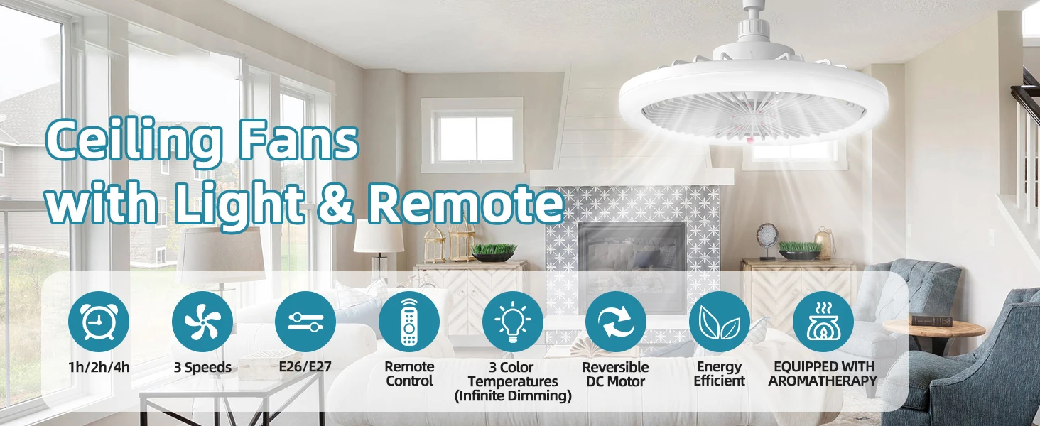 IRALAN Socket Ceiling Fan With Light E27 3 Fan Speeds Dimmable 3 Light Colors Easy To install For Bedroom Kitchen And Balcony