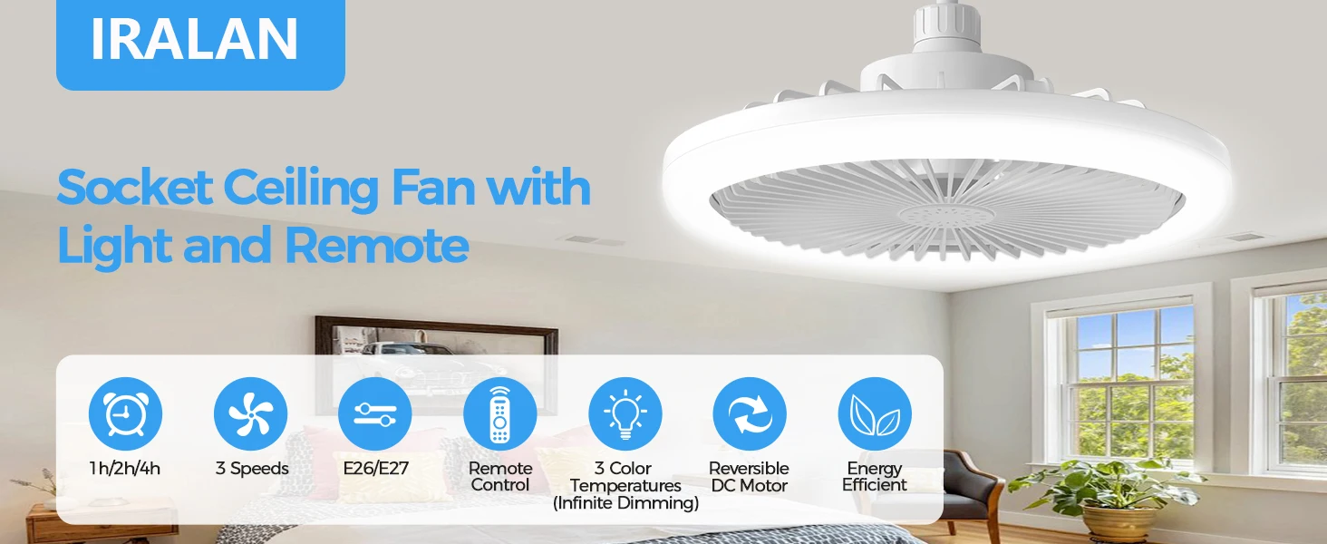 IRALAN Socket Ceiling Fan With Light E27 3 Fan Speeds Dimmable 3 Light Colors Easy To install For Bedroom Kitchen And Balcony
