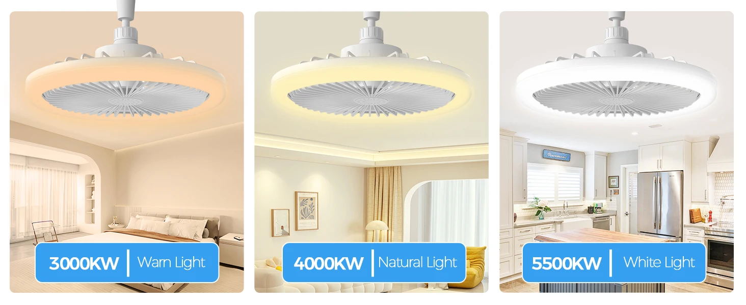 IRALAN Socket Ceiling Fan With Light E27 3 Fan Speeds Dimmable 3 Light Colors Easy To install For Bedroom Kitchen And Balcony