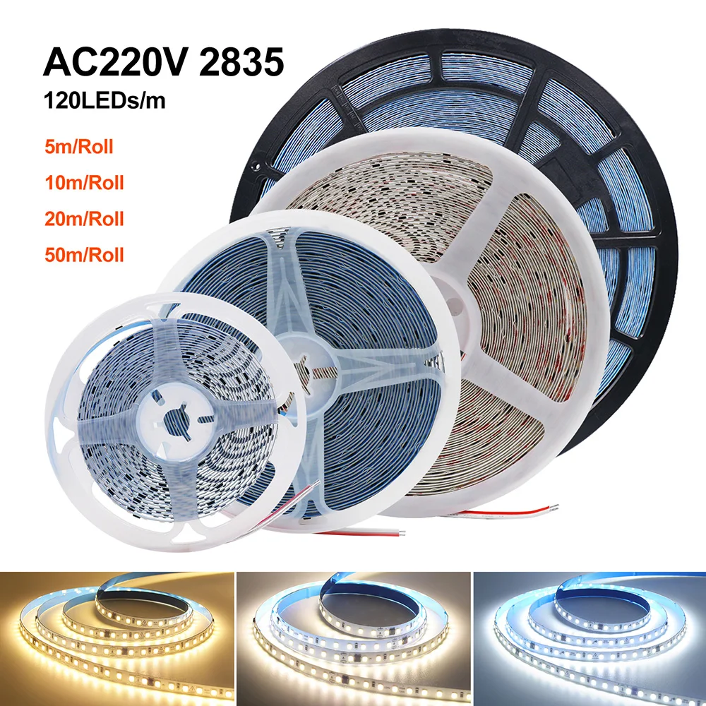 5m 10m 20m 50m Led Strip Light Adhesive Tape AC 220V 230V IP55 2835 120 240 LED Flexible Led Ribbon Stripe Home Lighting 9 Color