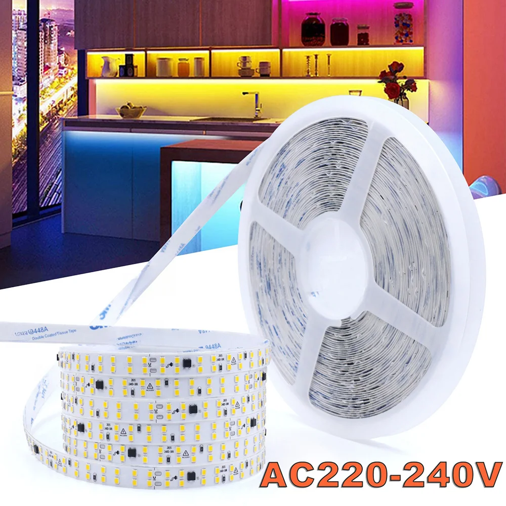 5m 10m 20m 50m Led Strip Light Adhesive Tape AC 220V 230V IP55 2835 120 240 LED Flexible Led Ribbon Stripe Home Lighting 9 Color