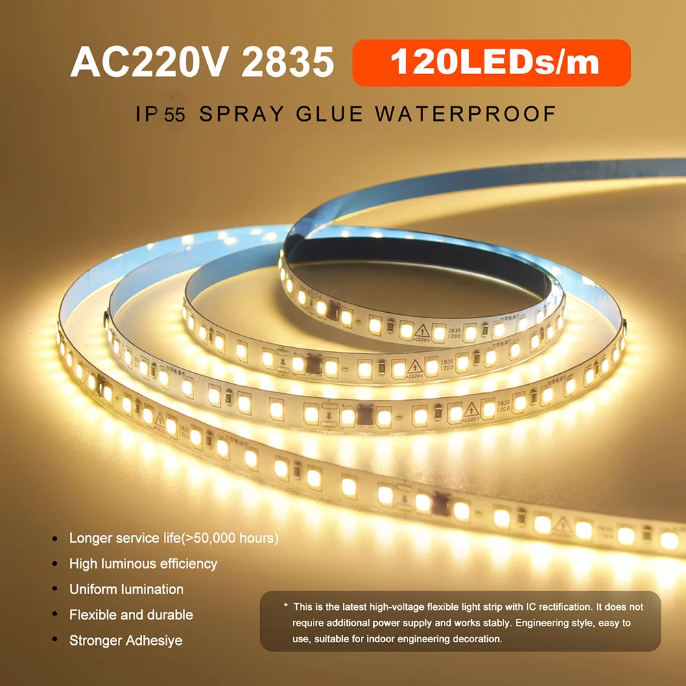 5m 10m 20m 50m Led Strip Light Adhesive Tape AC 220V 230V IP55 2835 120 240 LED Flexible Led Ribbon Stripe Home Lighting 9 Color